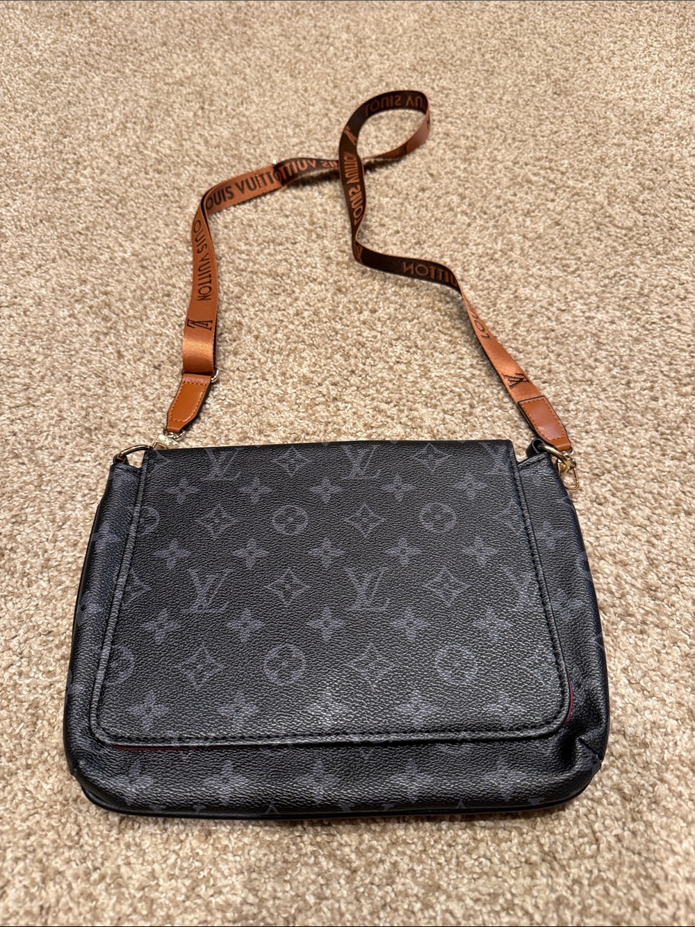 Black Monogram Crossbody with Tan Brown Logo Strap